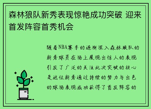 森林狼队新秀表现惊艳成功突破 迎来首发阵容首秀机会
