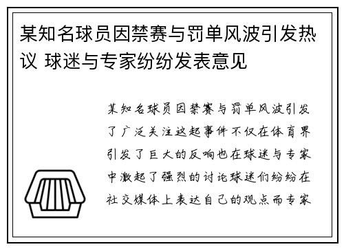 某知名球员因禁赛与罚单风波引发热议 球迷与专家纷纷发表意见