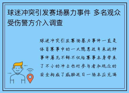 球迷冲突引发赛场暴力事件 多名观众受伤警方介入调查